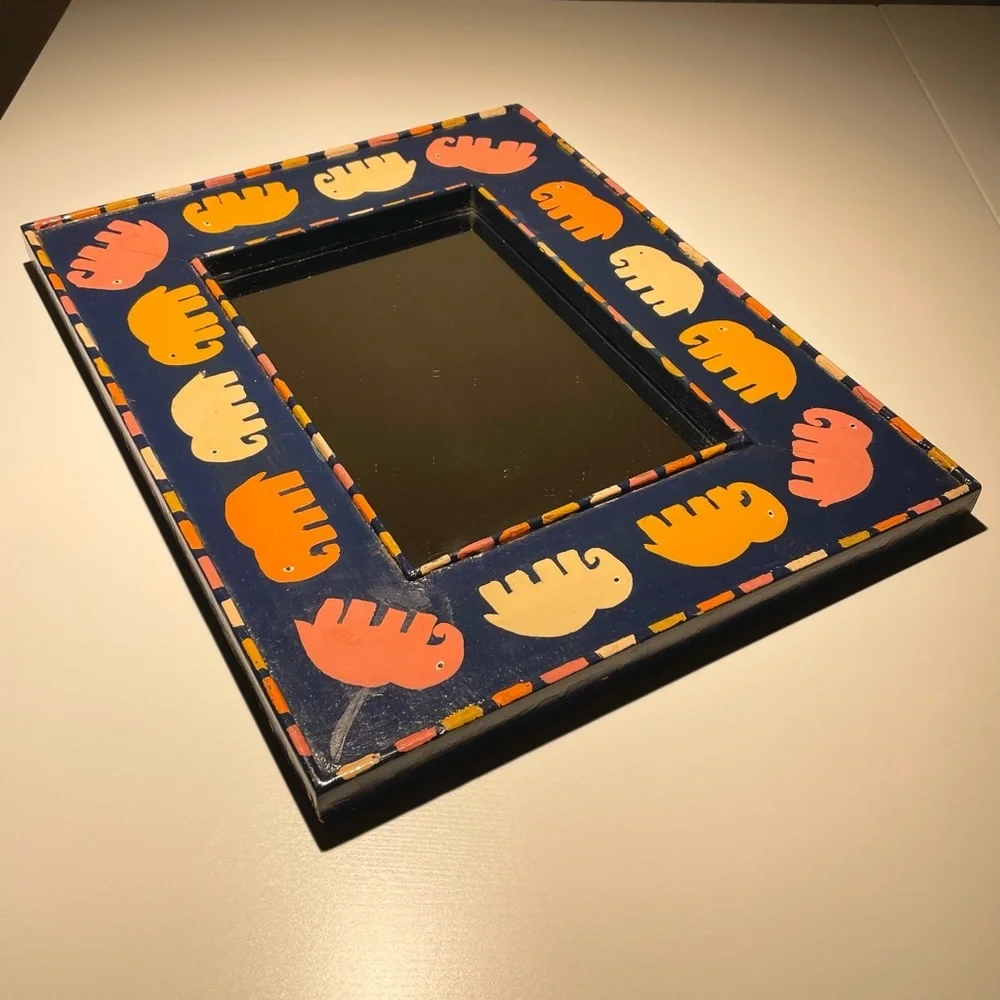 VTG Hand Painted Framed Rectangular Wall Mirror Elephant Motif Blue Orange